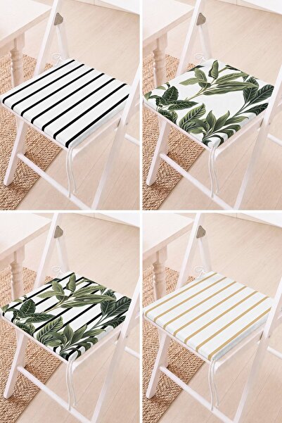 Home Set of 4 Black and White Striped and Green Leaf Patterned Lace-Up Chair ...
