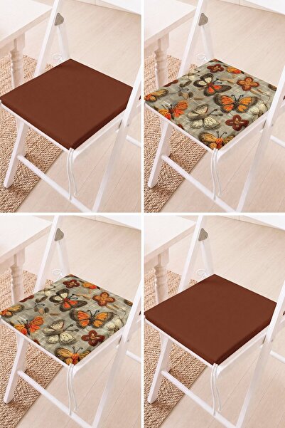 Home Set of 4 Floral Patterned Brown Tone Lace-Up Chair Cushions