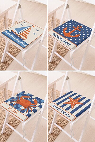 Home Set of 4 Sea-Themed Anchor, Crab and Star Patterned Lace-Up Chair Cushions