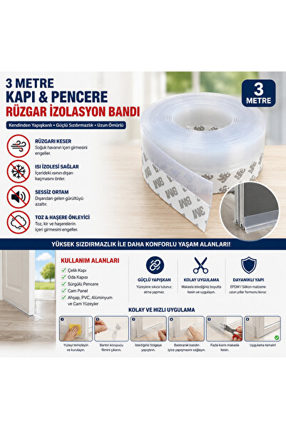 Kapı Pencere Altı Rüzgar ve Toz Önleyici İzolasyon Bandı 3 Metre