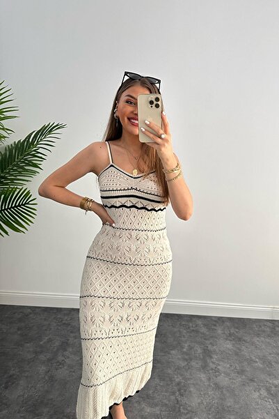 Flarsky Women's Black Ecru Piping Knitted Strap Openwork Design Dress
