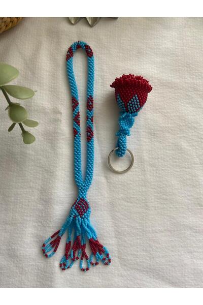 Handmade KUM BONCUK EL İŞİ MAVİ BORDO SALLAMA TESBİH VE GÜL ANAHTARLIK