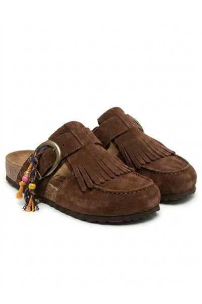 Bequemere Women's Mc420 Genuine Suede Leather Tasseled Orthopedic Clog Cork Sole Slippers