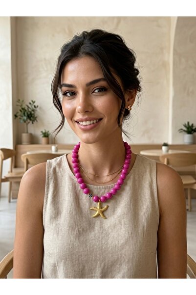 BEAD BERRY Fuşya Boncuklu Altın Renk Deniz Yıldızı Detaylı Kolye
