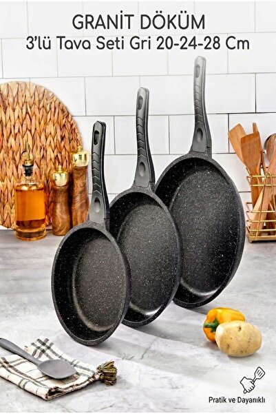 Funny Life Granite Cast Iron 3-Piece Pan Set (20-24-28 cm) – Ergonomic and Du...