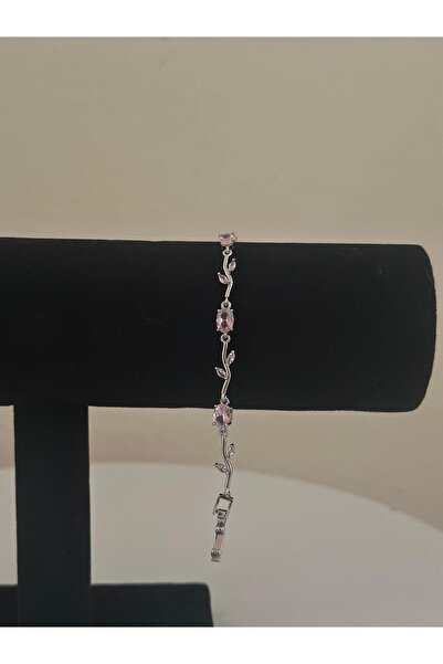 ROYAL SPARK Pembe Taşlı Yaprak Figürlü Gümüş Renk Bileklik