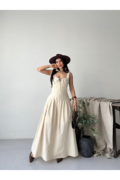 Nes Moda Kadın Askılı Korse Detaylı Dekolteli Çan Keten Elbise