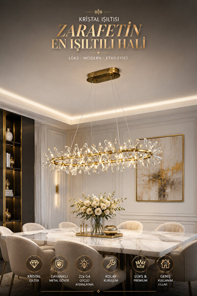 Elvora Home Modern (PREMİUM) Gold Kristal Taşlı Sarkıt Avize Dekoratif Halka ...
