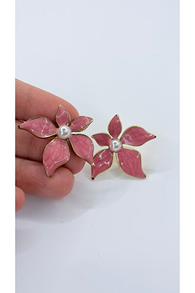 MAREM Steel Flower Earrings Pearl Detailed Colorful Women's Earrings 3.5 cm
