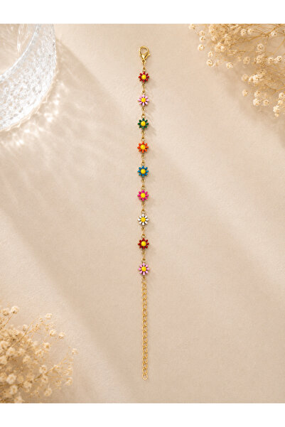 Lilith Takı Women's Bracelet with Colorful Flower Detail – Adjustable Gold Ch...