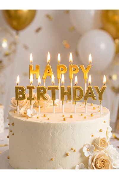 Öz-bal Gold Renk Happy Birthday Harf Mum Ve Uzun Çubuk Pasta Mumu Seti Doğum ...