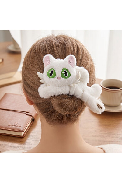 Innovate Store Дамска бяла плюшена щипка за коса с котешка форма, сладка кава...
