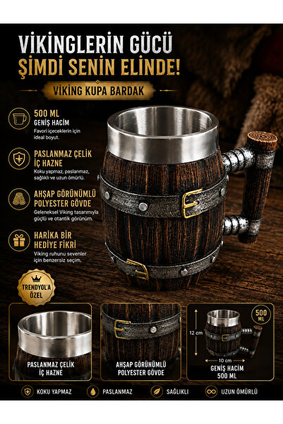 Majestia Viking Tarzı Kupa Bardak 500 ML Paslanmaz Çelik İç Hazne Ahşap Görün...