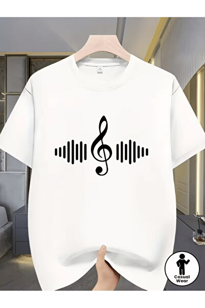 LİNA06 Treble Clef Sound Wave Print T-Shirt, Music Enthusiast Short Sleeve, V...