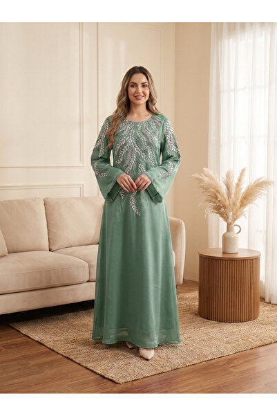 Finelook Embellished Elegant Dress with Silver Beaded Leaf Embroidery & Bell ...