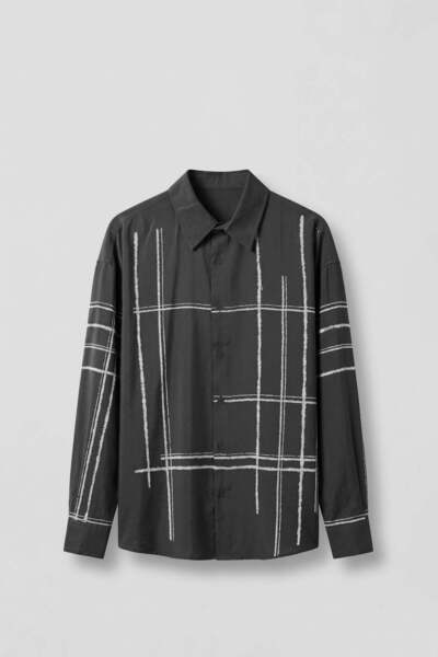 ablukaonline Men's Oversize Flocked Striped Long Sleeve Tencel Shirt Black