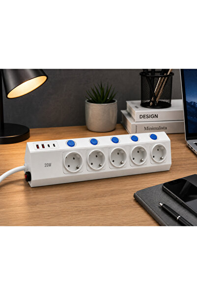 SMAYLİNG 5'li Akım Korumalı Çoklu Priz 2 Metre Kablolu 3680W 16A 5 Bağımsız Anahtarlı 2 USB-A 2 USB-C PD 20W Hızlı Şarj Destekli