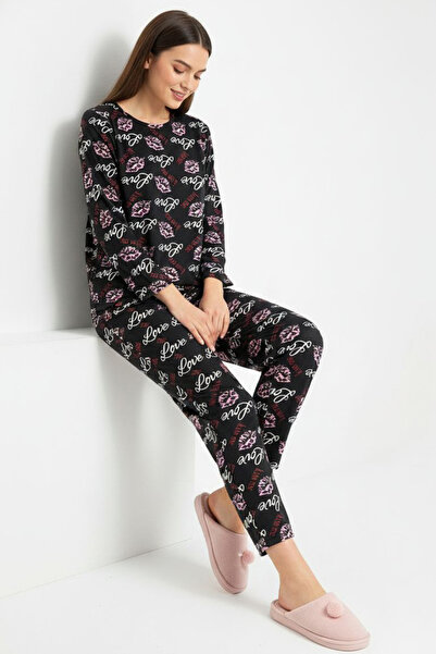 TOFİSA Patterned Suede Pajama Set - 28156-Black