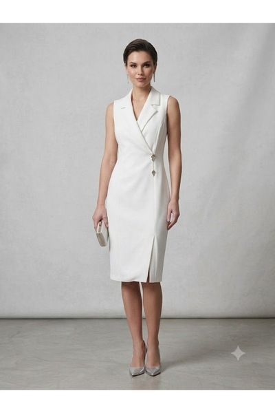 centilmen Velana Blazer Collar Accessory Buckle Slit Sleeveless Dress 8713