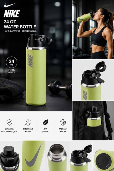 Nike 24 oz (710 ml) Paslanmaz Çelik Suluk Sporcu Matarası - Lime Yeşili.