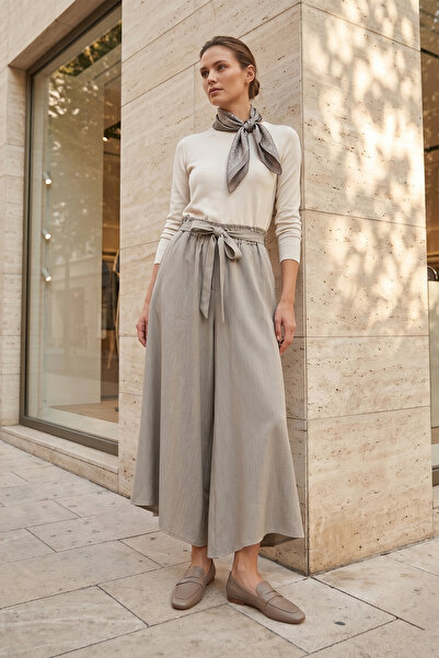 MODAQU Pantaloni cu aspect de in, cu talie elastică și buzunare - Vizon