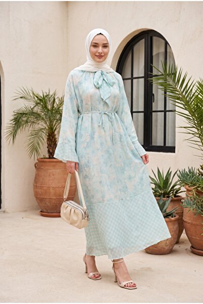 Modamorfo Patterned Lined Chiffon Dress with Tie at the Neck and Waist - Wate...