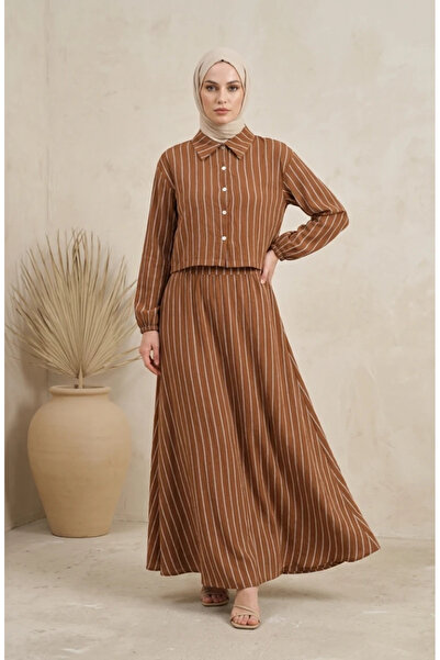 sefamerve Striped Modal Shirt Collar Hijab Double Set 0328-01 Brown