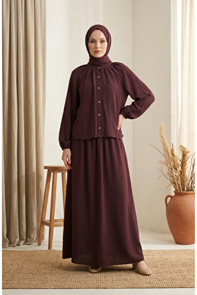 sefamerve Hakim Collar Buttoned Hijab Double Set 2284-01 Plum