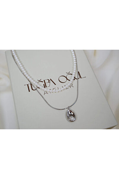 ATELİER TUĞBA Kol470 Special Series Silver Double Necklace Set with Pearl Det...