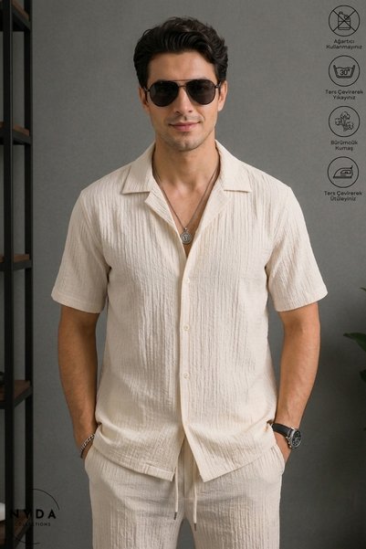 Nyda Collections Men's Wrinkled Fabric Summer Buttoned Short-Sleeved Shirt and Lace-Up Double-Pocket Trouser Set
