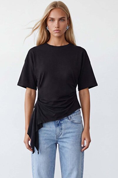 Trend Alaçatı Stili Women's Black Gathered Detailed Asymmetrical Cut Blouse A...