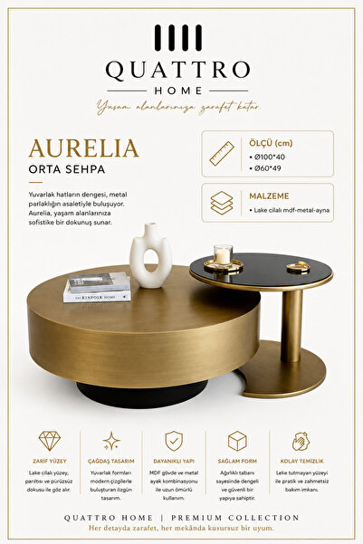 QUATTRO HOME Aurelia İkili Yuvarlak Orta Sehpa Gold Siyah Lake Cilalı MDF Met...