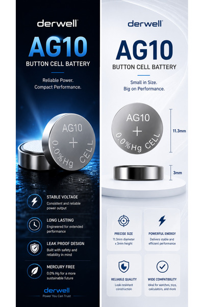 Derwell 1 Adet AG10 Alkalin Düğme Pil LR1130 1.5V Saat Hesap Makinesi Oyuncak...