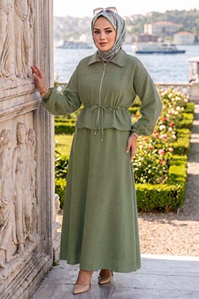 hafsamina Set dublu cu jachetă și rochie fără mâneci, verde HM2922