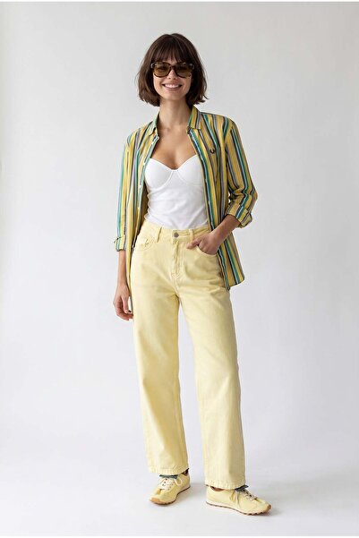 Mixray 2128 Women's Slim Seasonal High Waist Wide Leg Denim Trousers Yellow