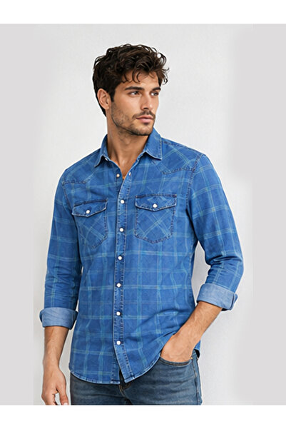 FSR FUSARO Erkek Denim Ekose Pamuklu Çıtçıt Düğmeli Slim Fit Uzun Kollu Gömlek