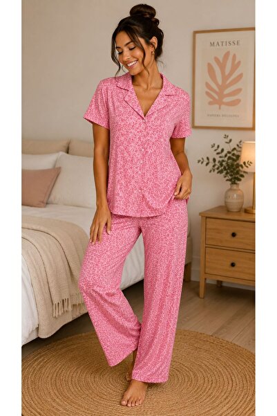 BALİS PİJAMA Short-Sleeved, Full-Buttoned Shirt with a Stylish Patterned Coll...