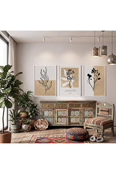 KOLAJTASARIM Set of 3 White Wooden Framed Paintings — Minimalist Jardin Plant...