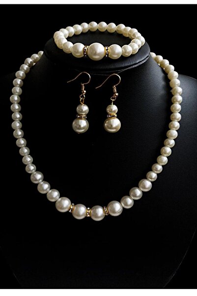 Luba Mayorka 8 mm İnci Gold Kolye Bileklik Küpe Set/ Takım