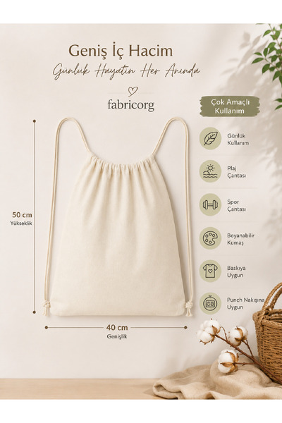 fabricorg Punch Nakışına Uygun Ham Bez Büzgülü Sırt Çantası (50x40 cm)