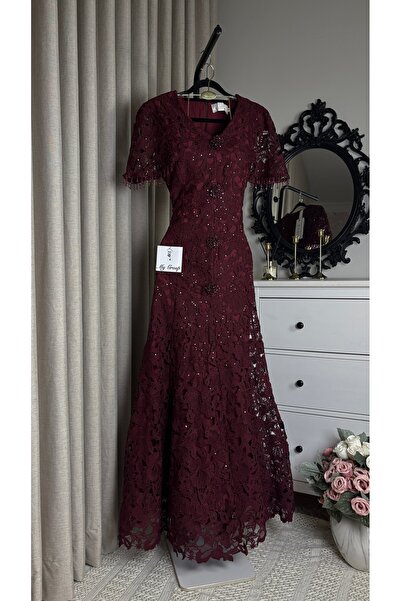 MYGROUP Luxury Lace Long Evening Dress with Sequin Beading Lace-Up Back Elega...