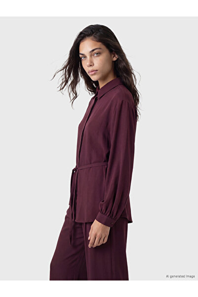 LC Waikiki قميص نسائي LCW Modest باللون العنابي مع حزام خصر