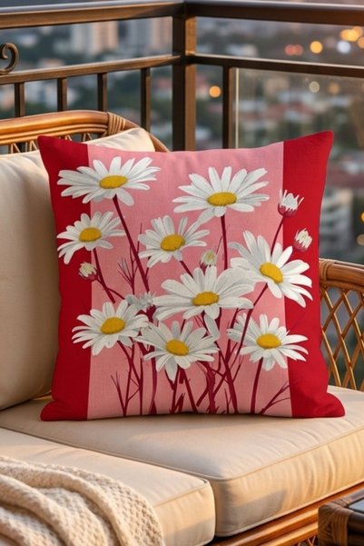 Atay Home غطاء وسادة مزخرف بنقشة ديزي مقاس 43x43 سم، ذو وجهين، بحافة حمراء وخلفية وردية
