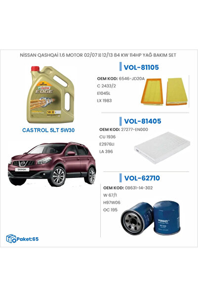 QASHQAİ 1.6 MOTOR 02/07 → 12/13 84 KW 114HP YAĞ BAKIM SETİ