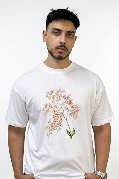 Anetos Pink Orchid Design Printed Oversize White T-Shirt