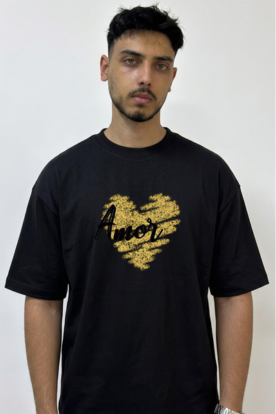 Anetos Amor Heart Gold Design Printed Oversize Black T-Shirt