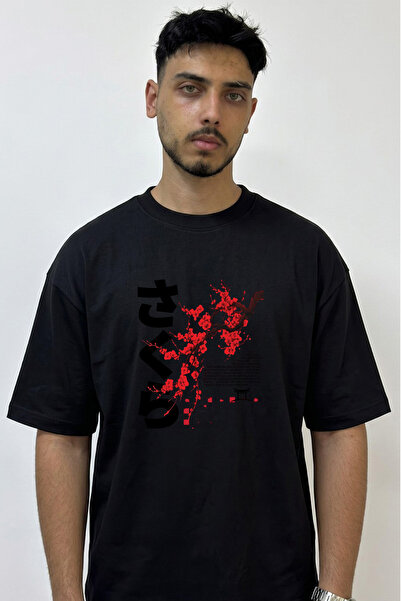 Anetos Sakura Torii Design Printed Oversize Black T-Shirt