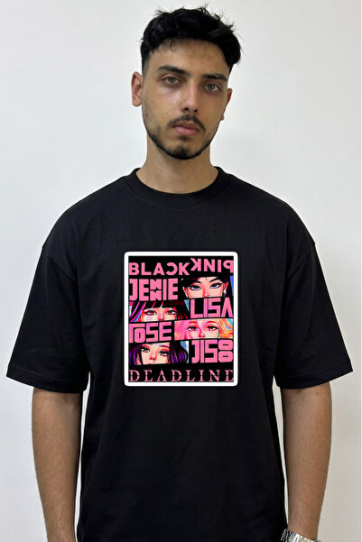 Anetos Blackpink Kpop_3 Design Printed Oversize Black T-Shirt
