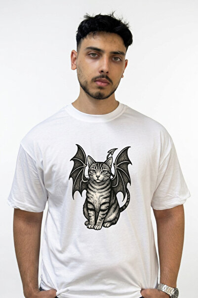Anetos Devil Cat Design Printed Oversize White T-Shirt