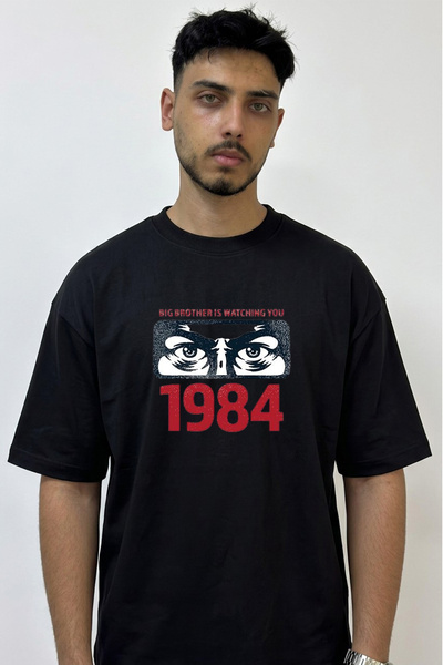 Anetos Big Brother 1984 Design Printed Oversize Black T-Shirt